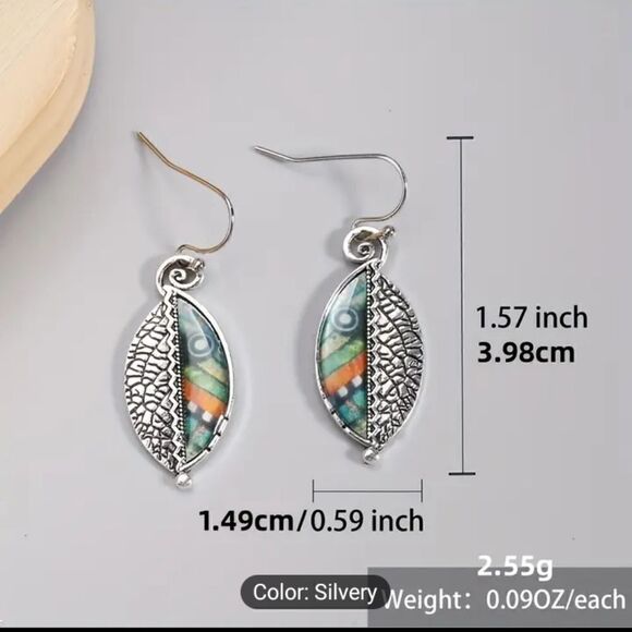 Women's dangle earrings leaf Boho Vintage new e3 - Picture 2 of 3